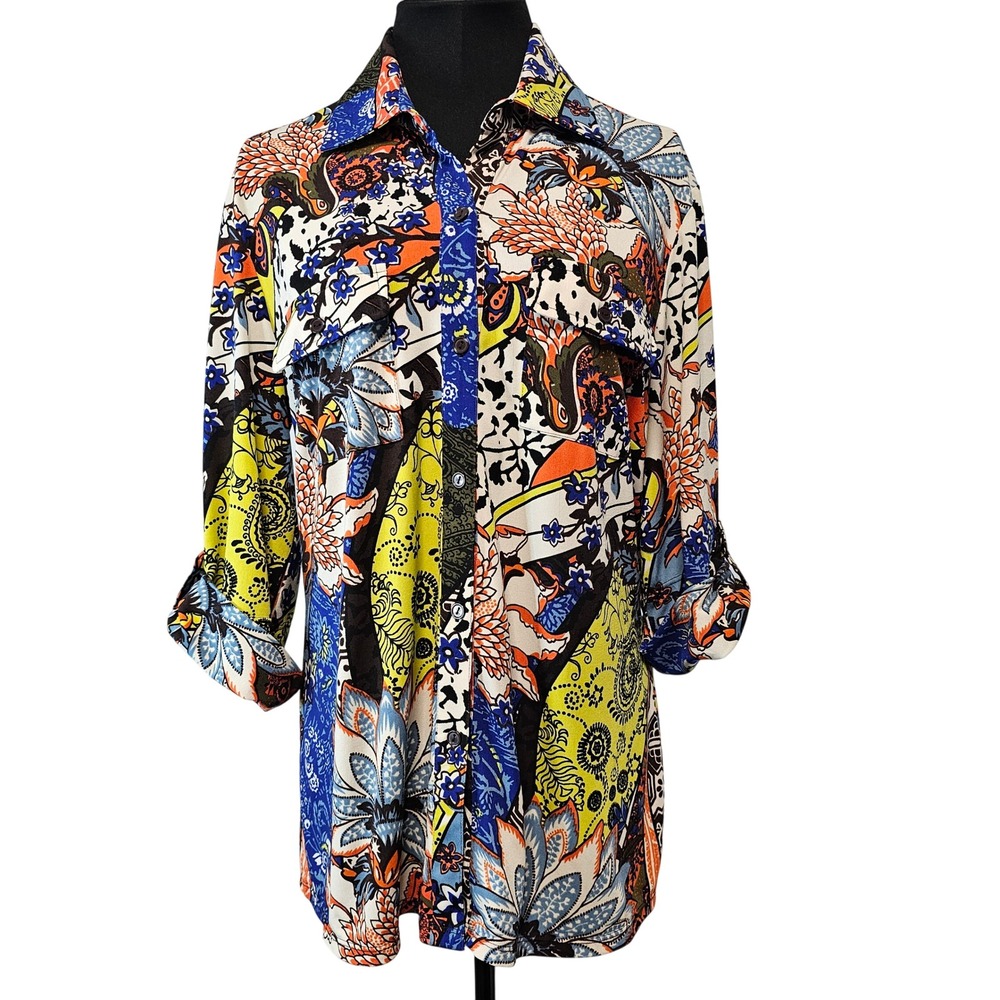 Peck & Peck Womens Medium Mixed Floral Paisley Print Roll Tab Button Up Blouse